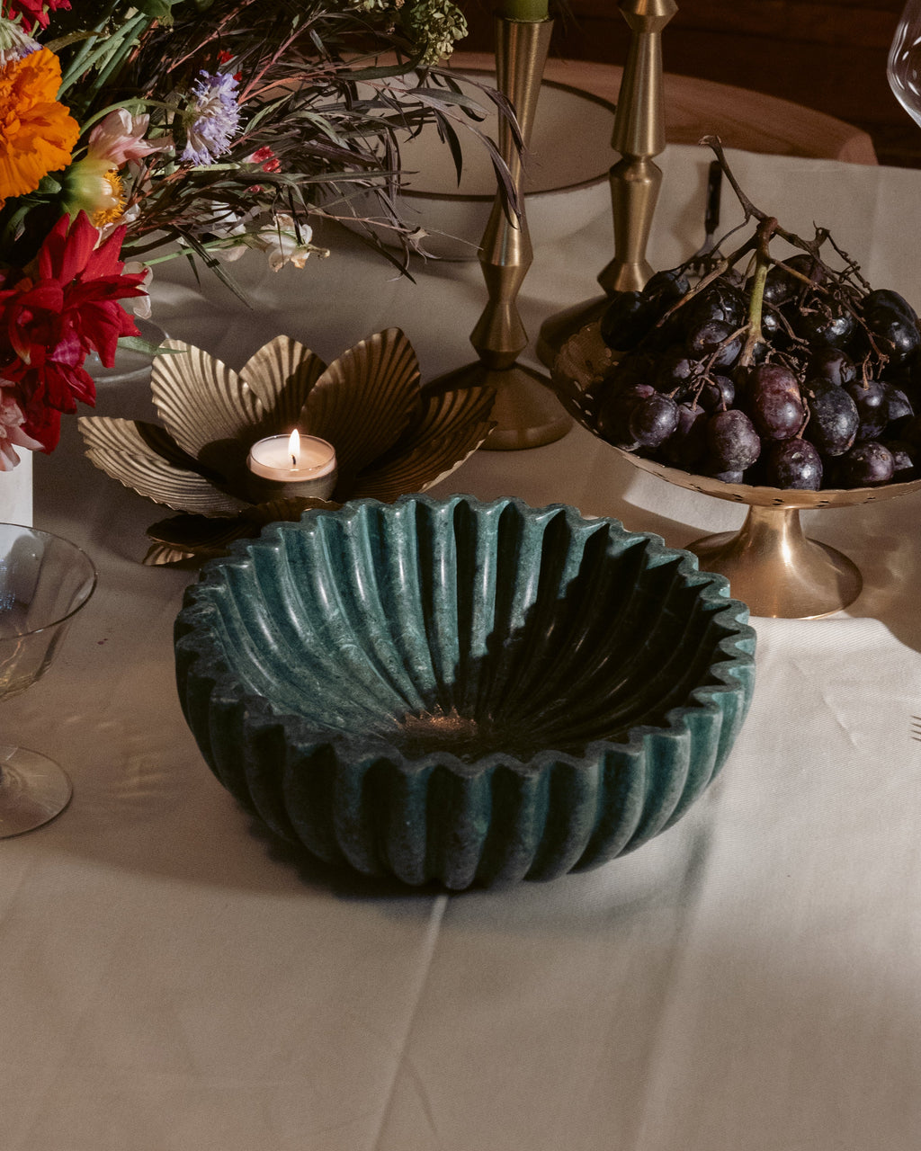 Fluted Forest Green Marble Bowl