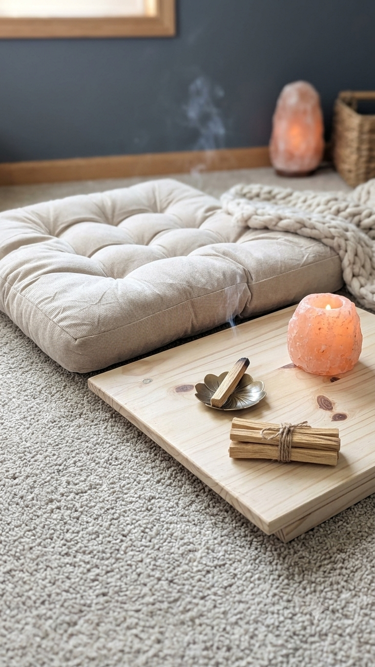 A tufted beige floor cushion sits on a gray shag rug next to a light wood tray holding a burning incense stick, a bundle of incense sticks, and a glowing pink salt candle. A chunky knit cream throw blanket and a glowing pink Himalayan salt lamp are visible in the background against a dark gray wall.